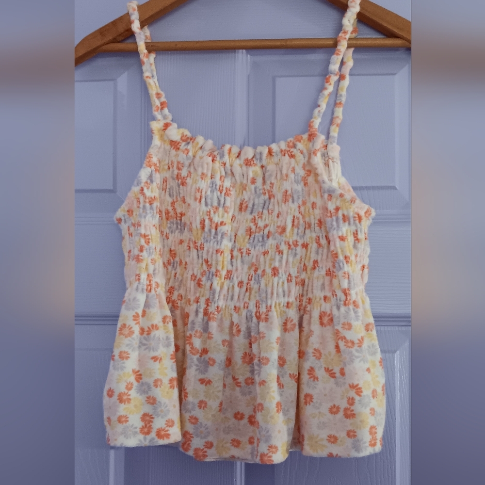 🔷️3-$15🔷️SO | Juniors Floral Smocked Ruffle Crop Tank Top Terry Cloth L
